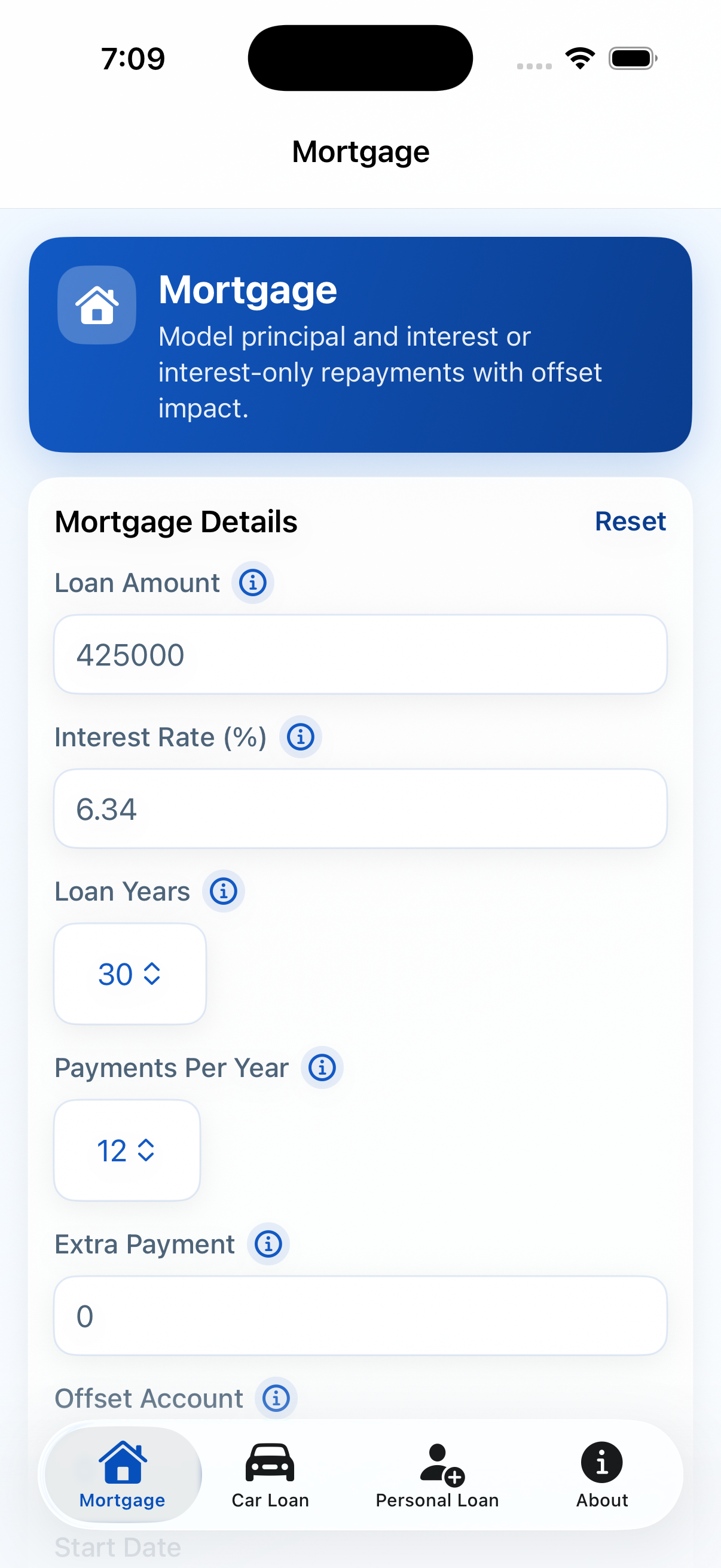 Aussie Loan Calculator home and menu screen